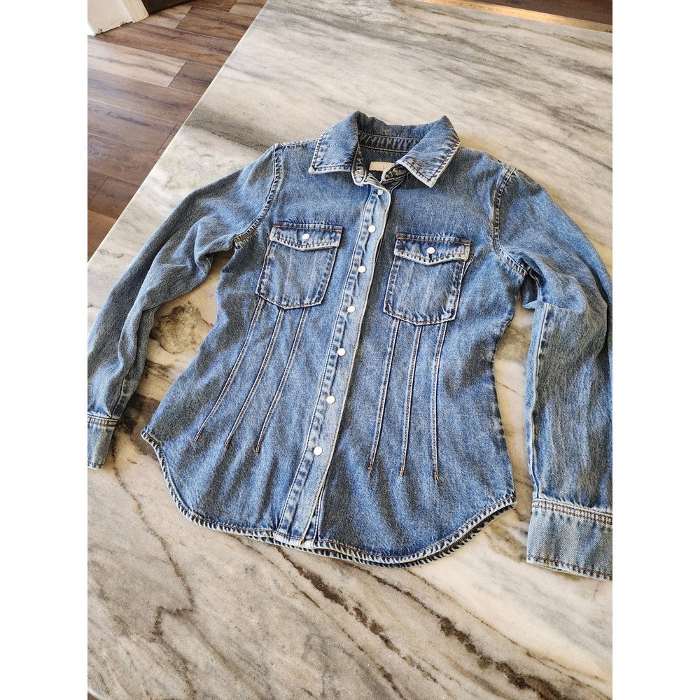 NWT LOFT Women Medium Wash Blue Seamed Denim Shirt Long Sleeve Button Up Size 2